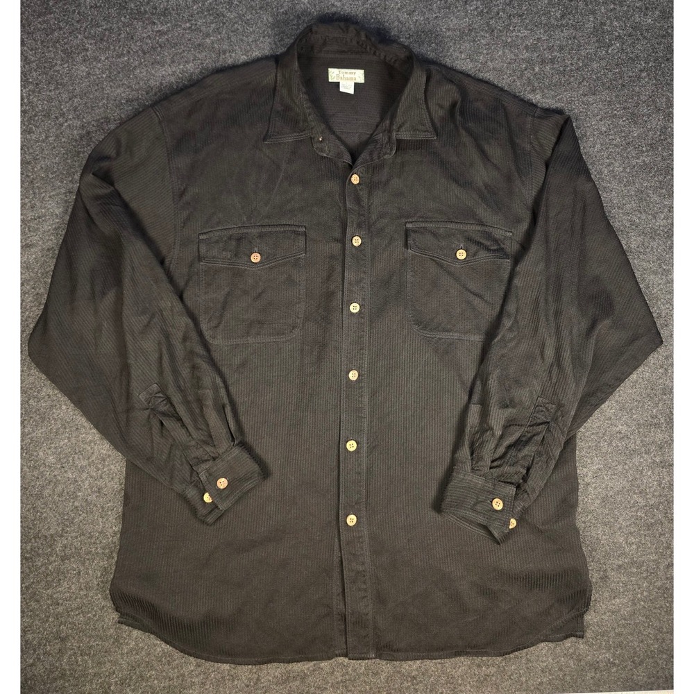 Tommy Bahama Men's Black Textured Silk Button Down Shirt Tropical Casual Size L